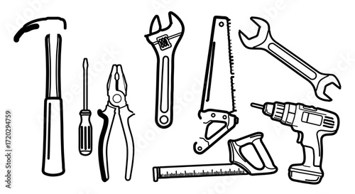 Set of hand tools, representing home improvement, repair, and construction