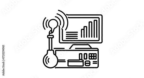 Computer and flask, representing scientific research and data analysis