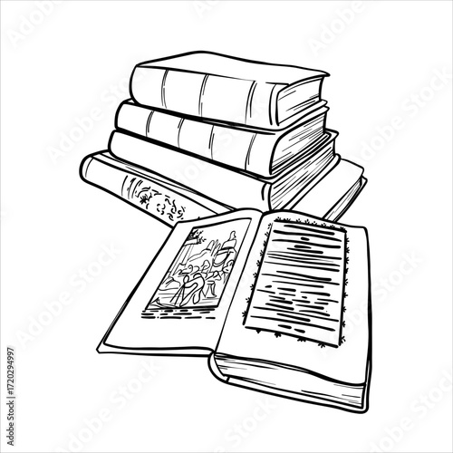Hand drawn line illustration of a stack of books and open book. Vector sketch Books. Black and white line drawing of a book is with open pages and Stack of Books. Literature in outline drawing eps10