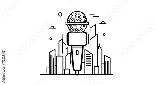 Microphone in front of city skyline, representing urban podcasting and broadcasting