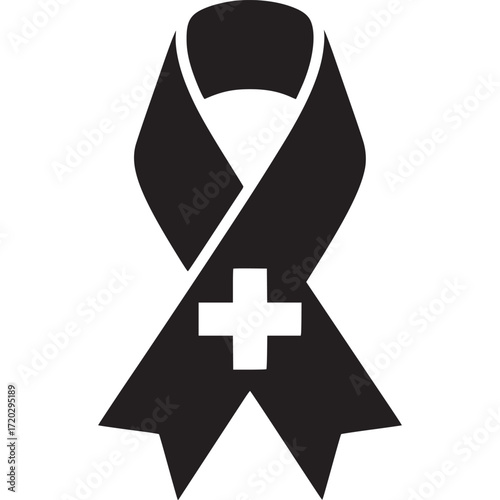 Black awareness ribbon with a cross isolated on white background symbol of support for medical causes, charity, and remembrance events