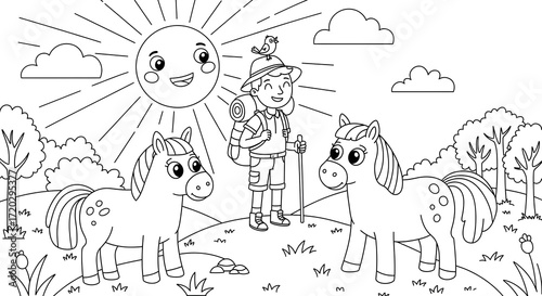 Coloring Page Happy Hiker, Horses, and Smiling Sun in a Peaceful Meadow