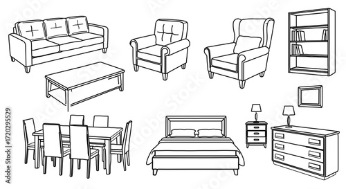 A collection of furniture for a living room, dining room, and bedroom