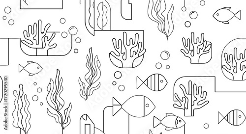 Seamless pattern with sea life, featuring fish, coral, and seaweed in a simple style