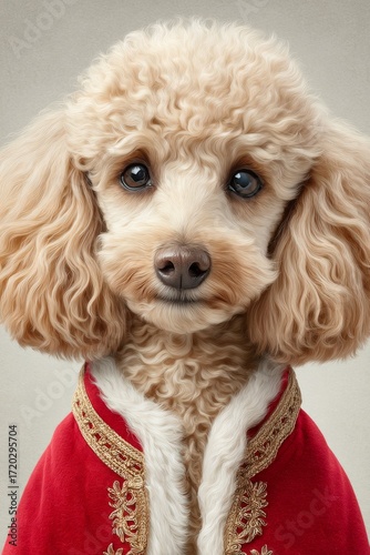 Poodle dressed in regal red attire with elegant golden trim in a neutral background