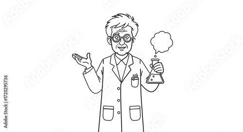 A cartoon scientist holding a beaker with smoke coming out of it