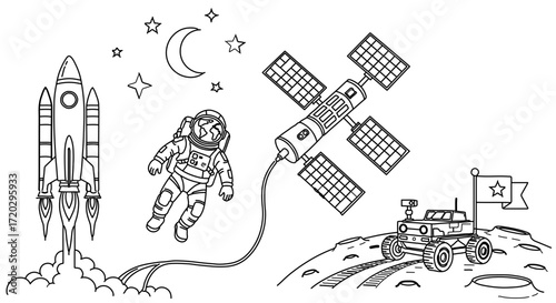 Astronaut in space with rocket and rover line art, exploring the cosmos and planets