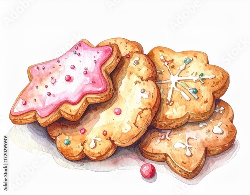 Pile of Festive Watercolor Cookies with Pink Icing and Colorful Sprinkles on a White Background