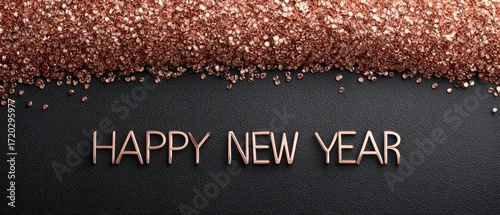 Festive new year greeting written in gold on a textured black and rose gold background