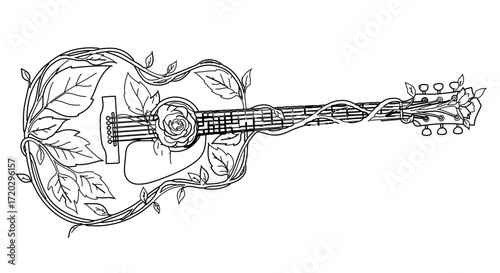 Guitar with floral design, a musical instrument adorned with leaves and roses