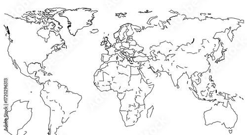World map outline vector illustration global geography with continents and countries