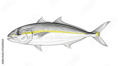 Yellowtail amberjack fish side view scientific illustration