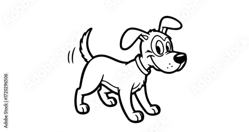 Cartoon dog, with a happy expression, wagging its tail, and wearing a collar