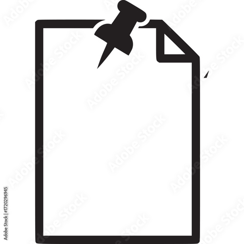 Paper with push pin isolated on white background, representing a reminder, notice, or important document in a simple black silhouette