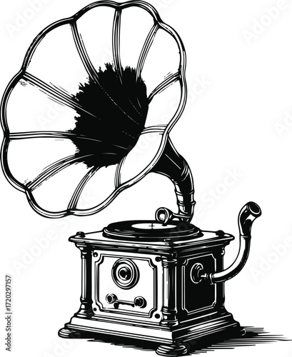 Line art of old gramophone with large horn speaker, white background 1