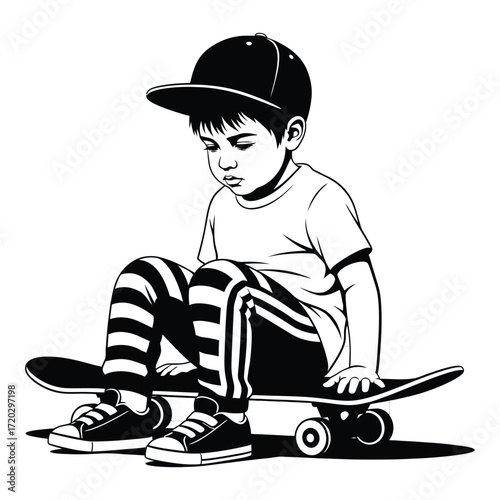 Vector art of a boy sits on a skateboard with a sad expression, isolated on white background