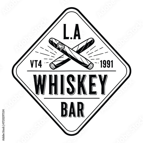 Vector art of a whiskey bar logo features crossed cigars in a diamond frame
