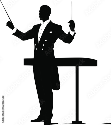 Minimalist outline of orchestra conductor with baton mid-air 2
