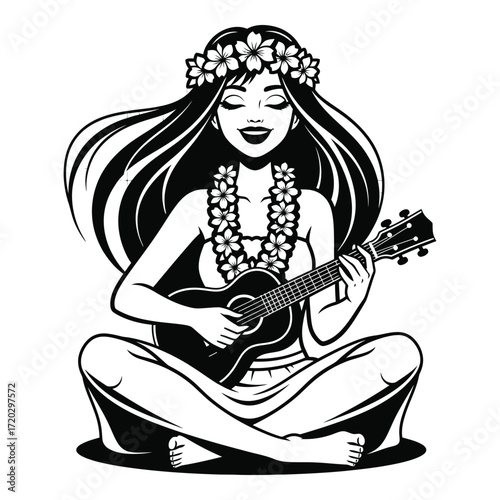 Vector art of a woman with flower crown plays ukulele isolated on white background