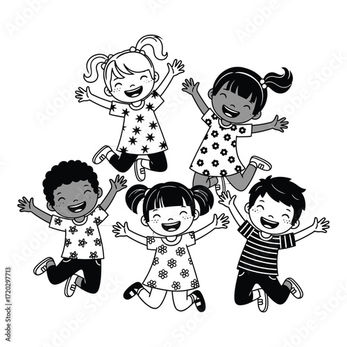 Vector art of a group of happy children are jumping and smiling with joy