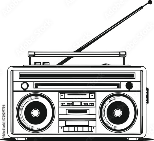 Retro boombox with antenna, clean vector line art, white background 1.