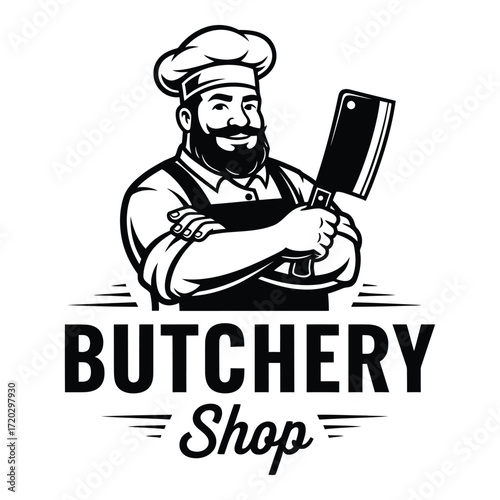 Vector art of butcher shop logo with a smiling butcher isolated on white background