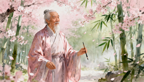 Elderly Artist with Brush Amidst Cascading Pink Petals and Bamboo in Tranquil Watercolor Landscape