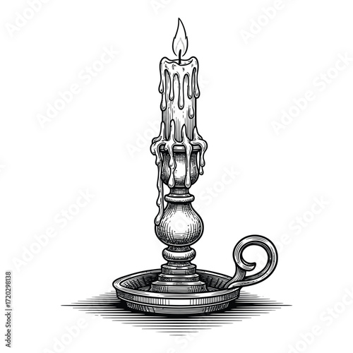 Vector art of vintage candle in candlestick isolated on white background
