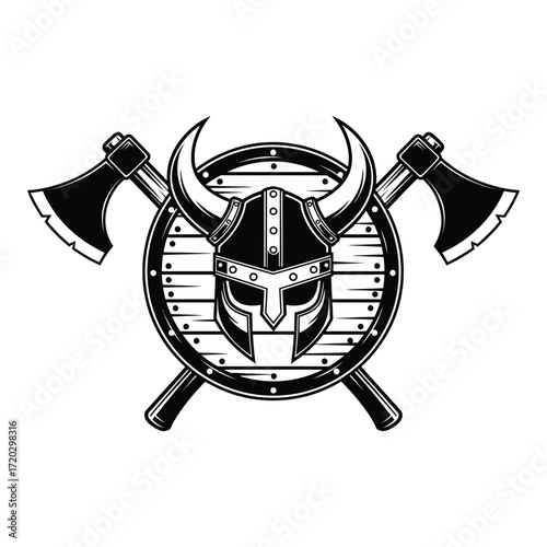 Illustration of a viking helmet and axes isolated on white background