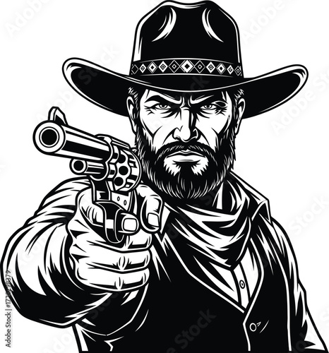 Vector art of a menacing cowboy pointing a revolver in black and white