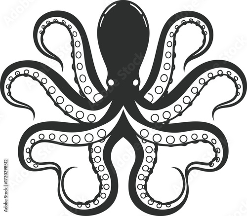 Dark stylized octopus silhouette abstract ocean creature symbol nautical maritime icon isolated on transparent background