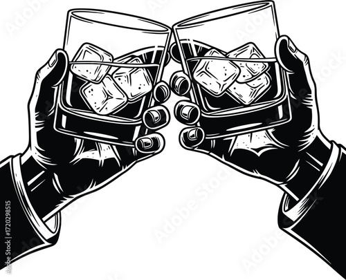 Vector art of two hands toasting whiskey glasses isolated on white background