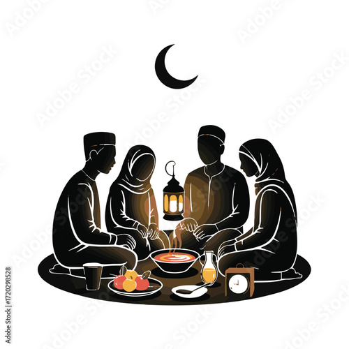 Muslim family celebrating iftar meal together under crescent moon with lantern light and food