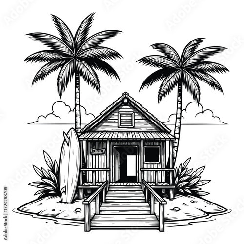 Vector art of tropical beach hut isolated on white background with palm trees