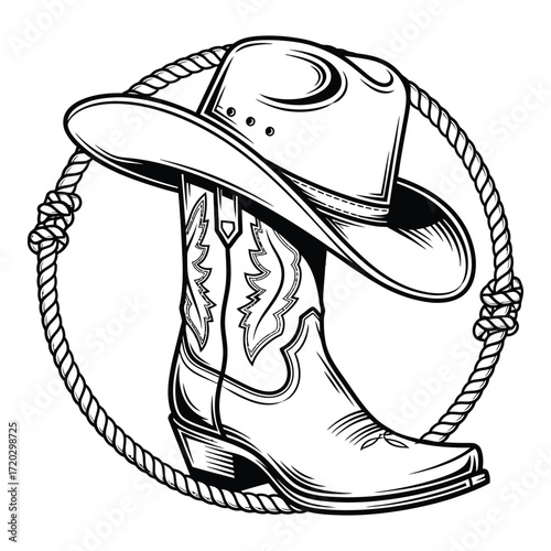 Vector art of cowboy boot and hat isolated on white background with rope lasso