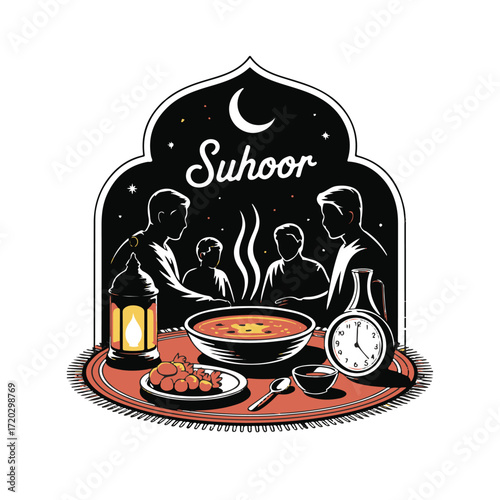 Ramadan suhoor meal preparation with family gathering and traditional lantern illustration