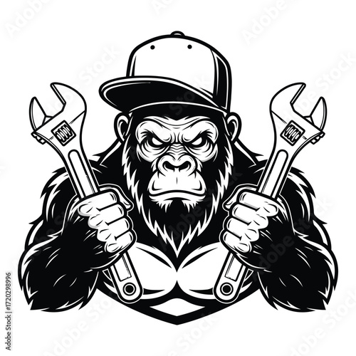 Vector art of a gorilla mechanic wearing a cap holds two wrenches isolated on white background