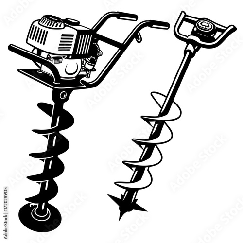Soil Auger Vector Illustration | Manual & Mechanical Ground Sampling Tool Icon