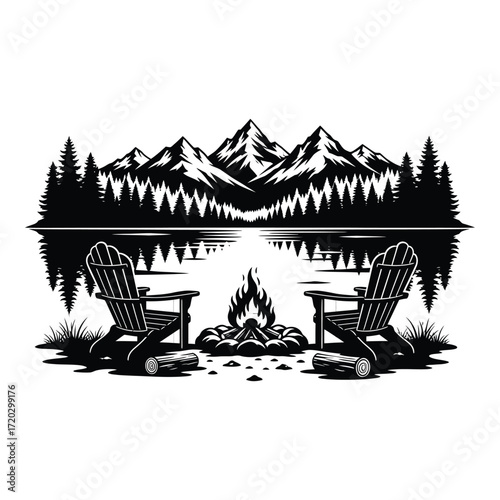 Vector art of two chairs sit by a campfire near a lake and mountains isolated on white background