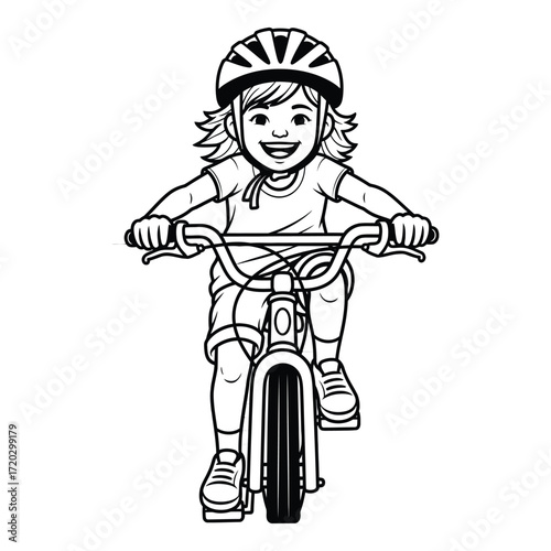Vector art of a happy girl rides her bicycle with a helmet isolated on white background