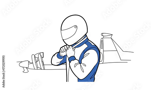 A minimalist line art illustration of a race car driver in a blue and white suit adjusting their collar.