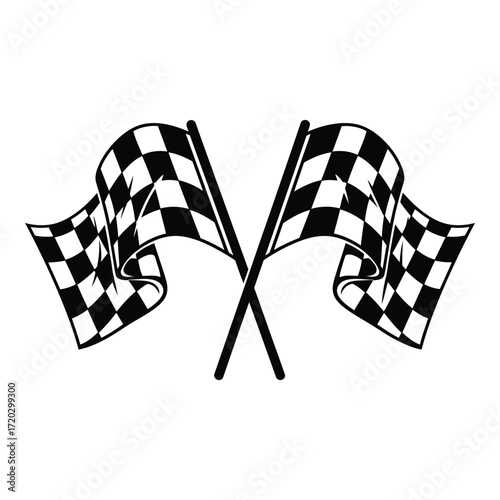 Vector art of two checkered flags are crossed and waving isolated on white background