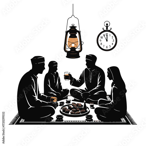 Silhouettes of a muslim family gathered for iftar meal during ramadan sharing food and conversation under a lantern