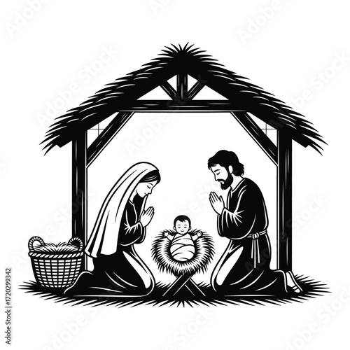 Vector art of nativity scene with mary, joseph, and baby jesus isolated on white background