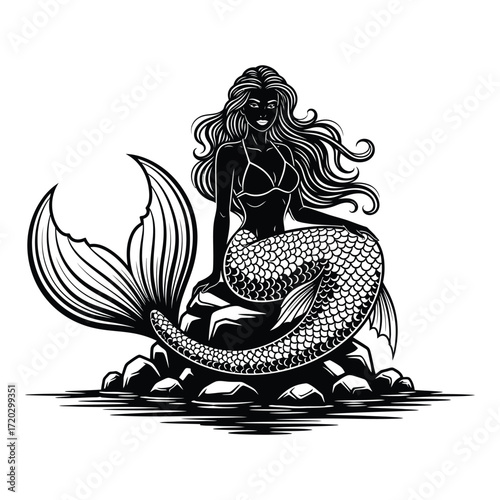 Vector art of a mermaid sits on rocks in the water isolated on white background