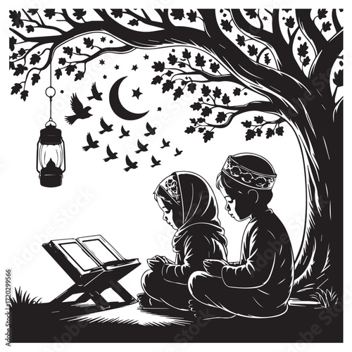 Two children silhouetted under a large tree reading the quran from a wooden stand with a crescent moon and birds in the night sky