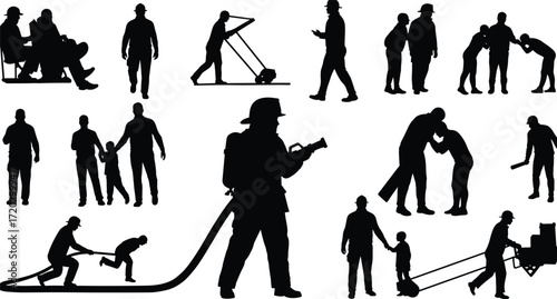 Human silhouettes, daily life actions, family interaction, caregiving, teamwork, lifestyle motion illustration