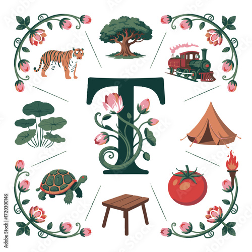 Whimsical alphabet illustration featuring the letter t surrounded by nature animals objects and botanical elements