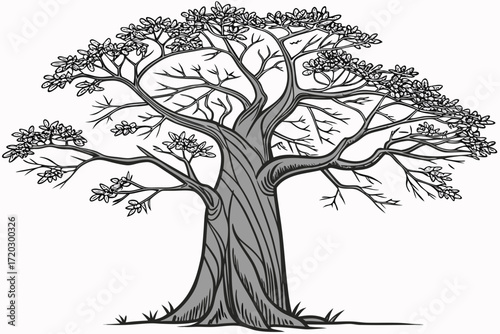 Vector illustration of a swollen baobab tree with sparse foliage scalable graphic