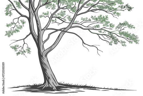 Vector illustration of a beech tree with smooth gray bark and fresh green foliage